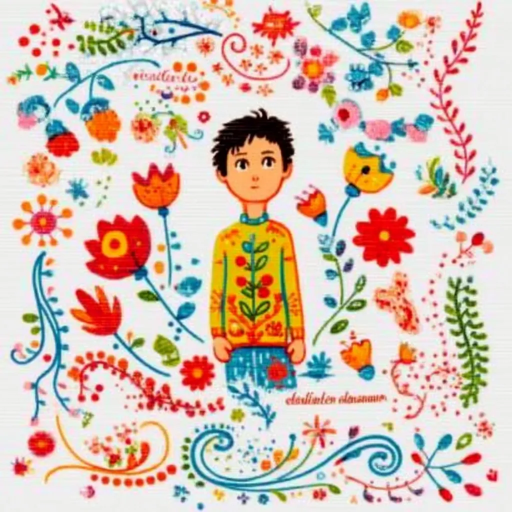 A young boy with dark hair stands at the center of an illustration brimming with vibrant, colorful flowers and whimsical, swirling designs. He wears a yellow sweater adorned with a folk-art pattern and blue pants.  The artwork is cheerful and playful, with a variety of floral motifs in red, orange, yellow, and pink creating a lively border around the boy. The overall style is reminiscent of children's book illustrations.