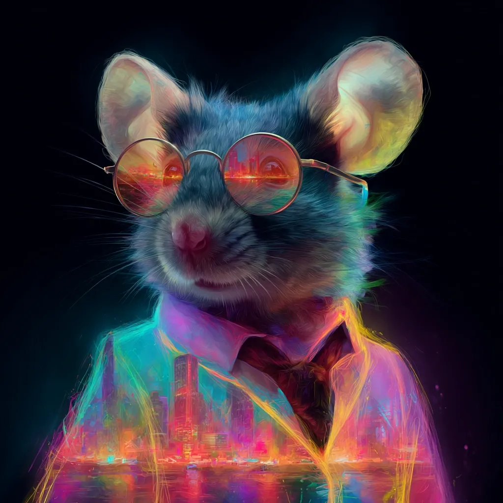 A stylized portrait of a mouse wearing round sunglasses and a collared shirt.  The mouse is depicted with vibrant, almost neon-like colors, creating a surreal effect. The background of its jacket is a city skyline at night, reflecting in its glasses, blending seamlessly with the mouse's form. The overall impression is one of sophisticated urban cool.