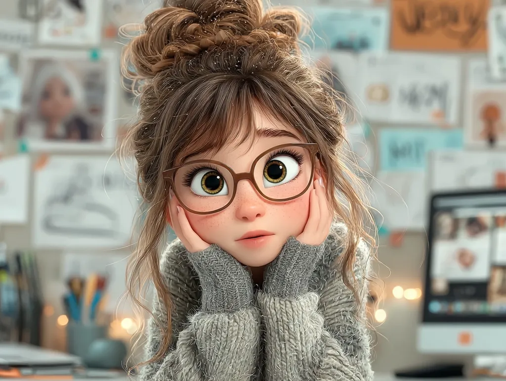 A digital illustration of a cute girl with large expressive eyes and brown hair styled in a high bun. She wears round glasses and a grey knitted sweater.  Her hands are gently resting on her cheeks, and she appears thoughtful or pensive. The background suggests a creative workspace with drawings and a computer monitor visible. The overall style is reminiscent of 3D animation or CGI.