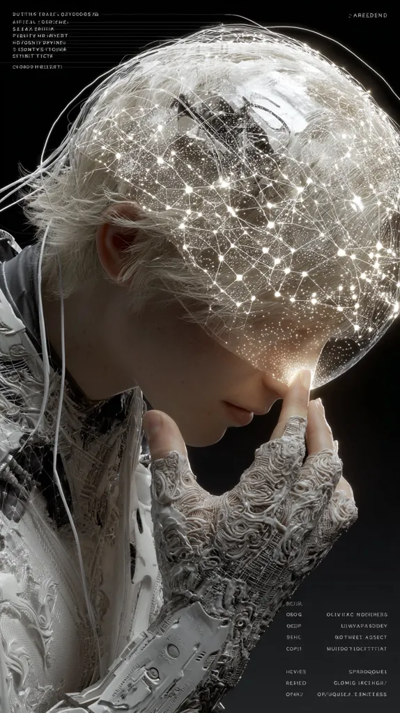 A stylized figure, seemingly androgynous, is depicted with intricate, biomechanical gloves and a head enveloped in a glowing network of lines resembling neural pathways or digital connections. The overall aesthetic blends futuristic technology with organic forms. The image's mood is contemplative and slightly melancholic, hinting at themes of artificial intelligence, consciousness, or the human condition in a technological age.  A code or data stream is partially visible.