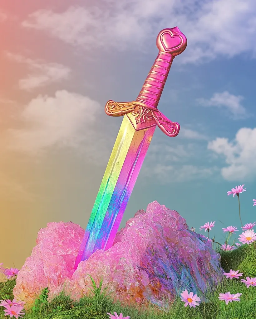 A vibrant, rainbow-hued sword with a heart-shaped pommel is partially embedded in a large, pink crystal.  The scene is set in a whimsical landscape of lush green grass and delicate pink flowers under a pastel sky. The sword's iridescent colors contrast beautifully with the soft pink of the crystal and the surrounding flora, creating a magical and surreal image.