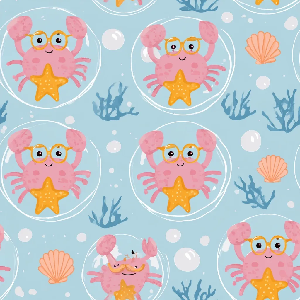 A seamless pattern features adorable pink crabs wearing glasses, nestled inside transparent bubbles.  Each crab holds a golden starfish.  The light blue background is adorned with simple seaweed, bubbles, and seashells, creating a whimsical underwater scene perfect for children's fabric or wallpaper.  The style is playful and cartoonish.