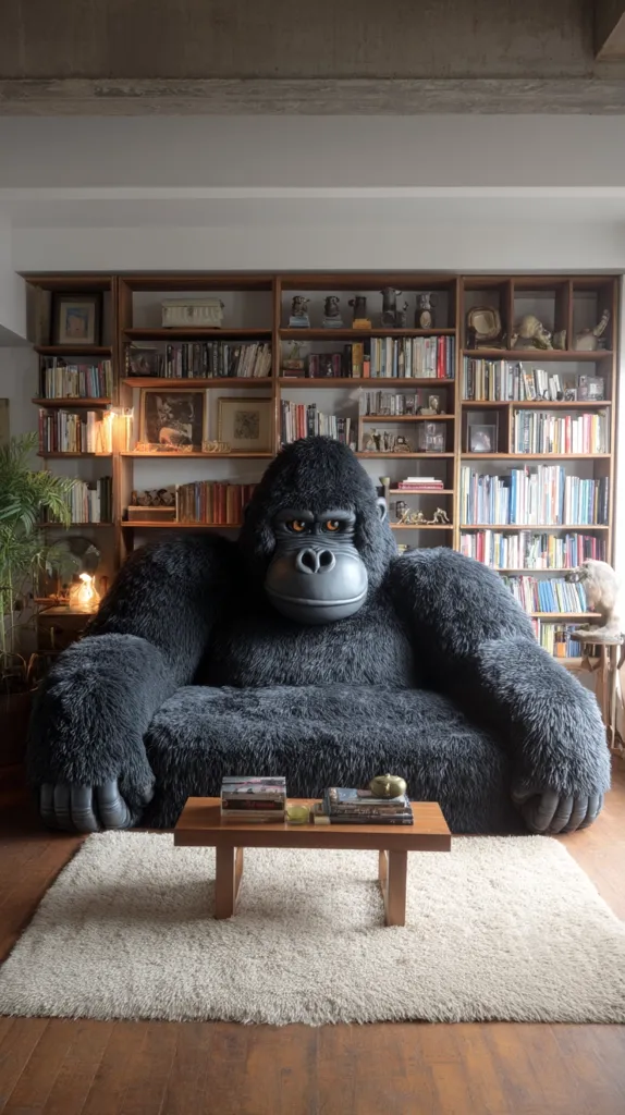 A large, plush gorilla-shaped sofa dominates a living room.  The room features a wooden bookcase filled with books and decorative objects.  A light beige rug sits beneath the gorilla sofa and a low wooden coffee table holding books and a small decorative item. The overall style is eclectic and slightly quirky.