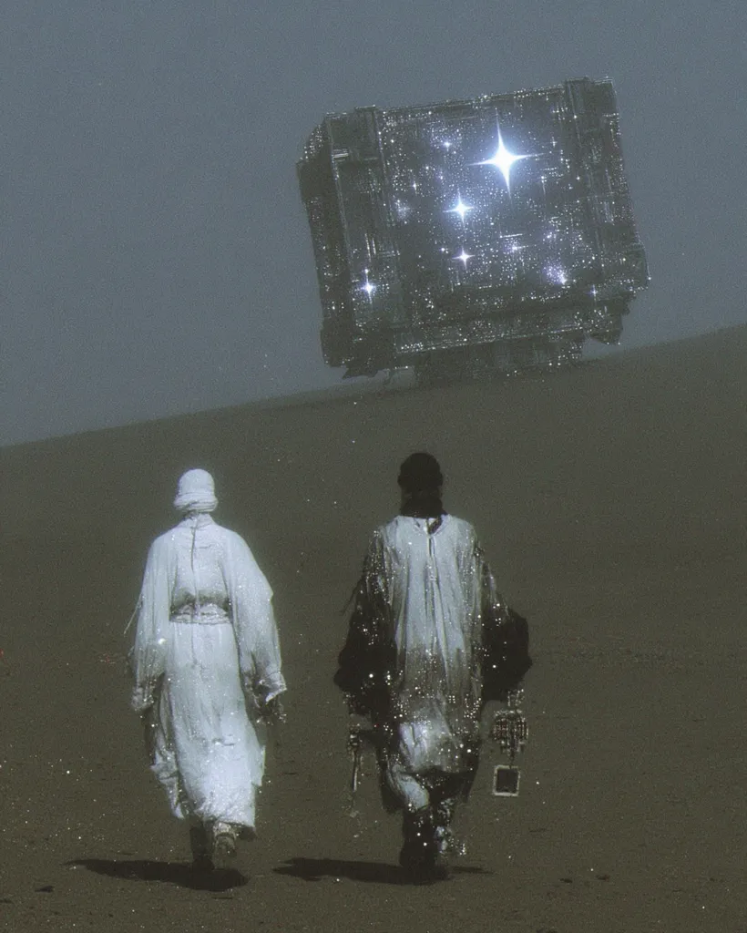Two figures in shimmering white robes walk across a desolate, dark landscape.  A large, cube-shaped object, seemingly a spacecraft, hovers in the distance, its surface glittering with embedded stars. The scene evokes a sense of mystery and otherworldly travel, creating a surreal and atmospheric image.