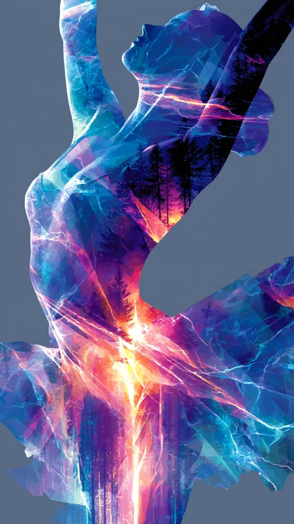 A vibrant digital artwork depicts a ballerina in a dynamic pose. Her form is translucent, overlaid with a landscape of a forest bathed in fiery sunset hues.  The colors are predominantly blues, purples, and oranges, creating a surreal and energetic image. The ballerina's pose suggests grace and power, while the superimposed landscape adds depth and mystery.  The overall style is abstract and expressive.