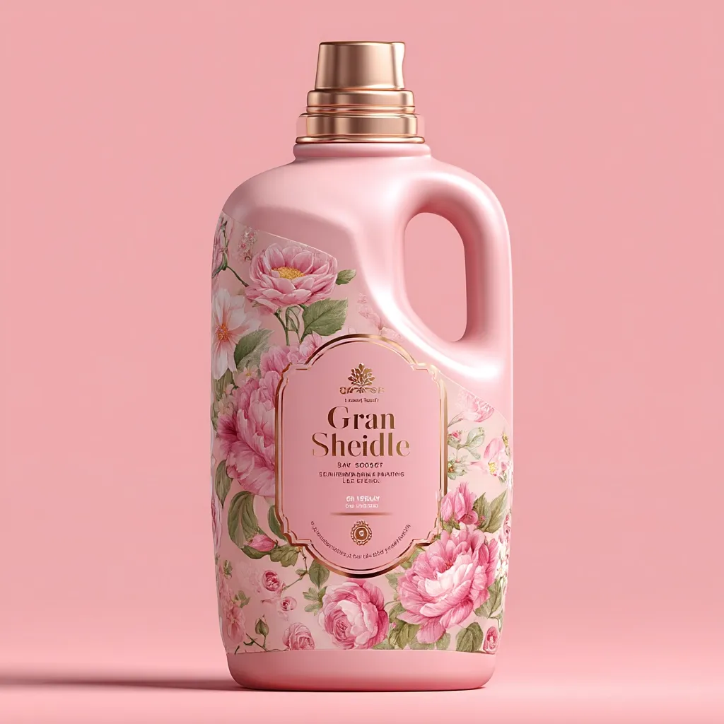 A large pink bottle of Gran Sheidle fabric softener is shown against a pink background.  The bottle features an elegant floral design with roses and other blossoms in a pastel palette.  The brand name is prominently displayed, along with information suggesting a large capacity and possibly a delicate scent. The bottle has a rose gold cap.  The overall aesthetic is feminine and luxurious.