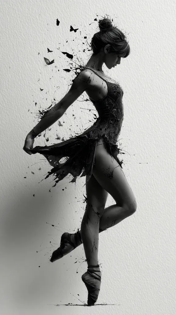 A monochromatic illustration depicts a ballerina in a flowing dress, rendered in a splatter paint style.  Her pose is elegant, one leg extended, pointe shoes visible.  Black ink-like splashes surround her, suggesting movement and energy.  Small butterfly shapes are scattered amidst the splatters, adding a whimsical touch to the otherwise powerful image. The overall effect is artistic and dramatic.