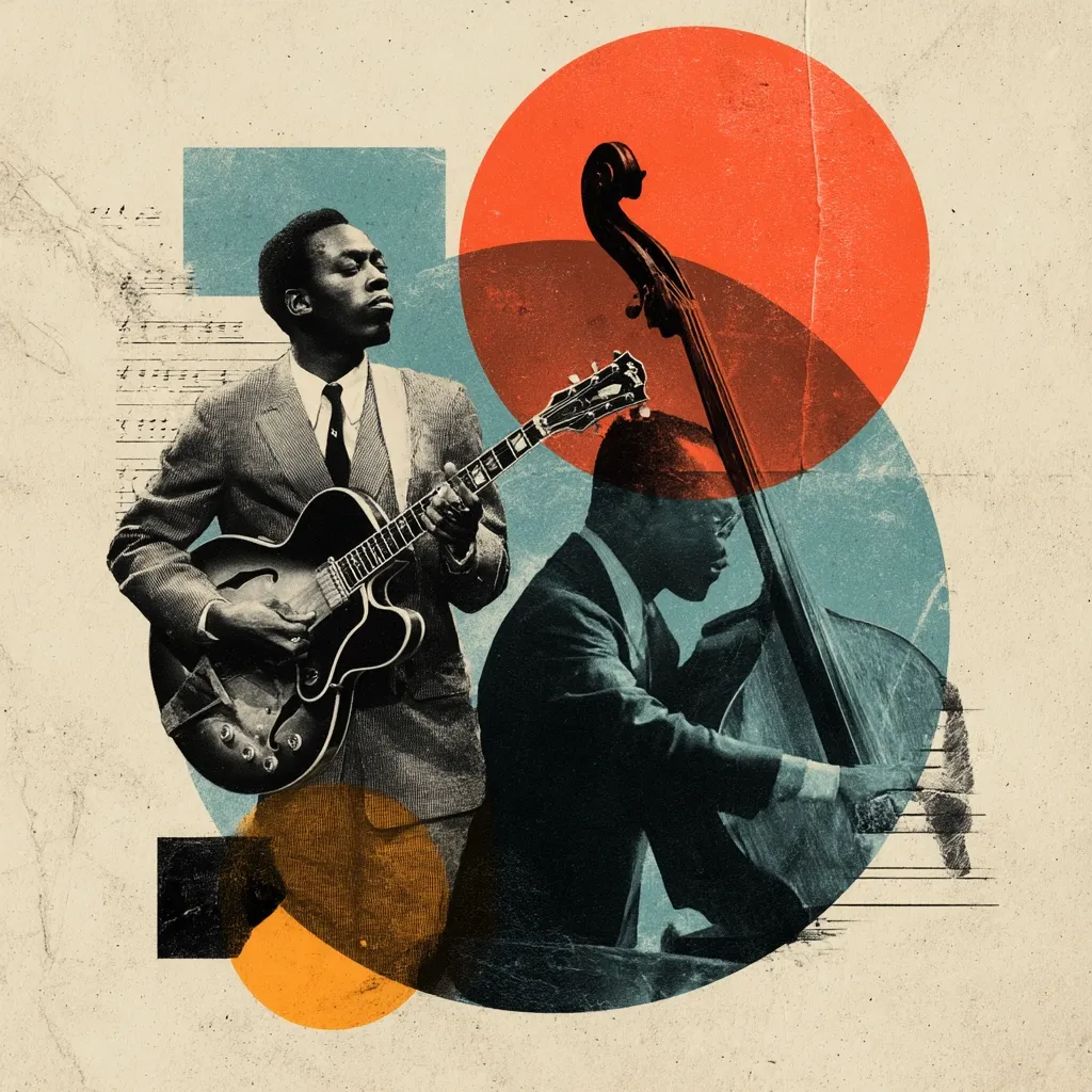 A stylized collage depicts two jazz musicians.  One, a guitarist, stands prominently, holding a hollow-body electric guitar. The other, a double bassist, is seated, his posture focused on his instrument.  Geometric shapes in muted tones of orange, teal, and yellow overlay the figures, creating a vintage, almost abstract feel.  Musical notation fragments add to the overall jazz theme. The piece has a retro, graphic design aesthetic.