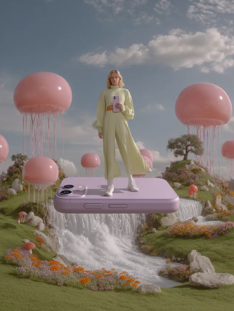 A woman in a light green jumpsuit stands on a large, lavender-colored phone that floats above a whimsical landscape.  Pink jellyfish-like balloons drift in the sky above a cascading waterfall and flowering hills.  The scene is surreal and dreamlike, with pastel colors and fantastical elements creating a whimsical atmosphere. The woman holds a smaller purple phone.