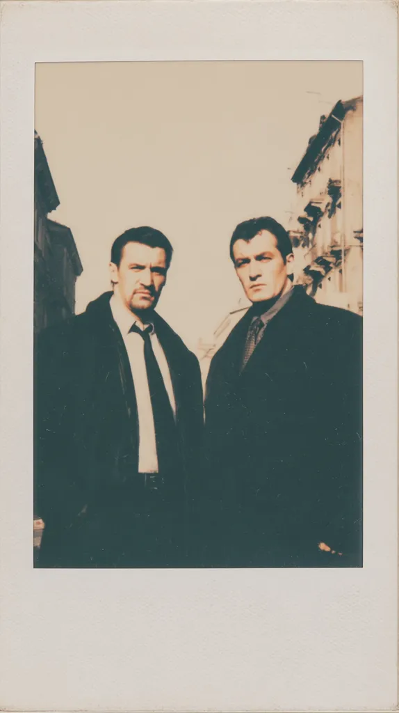 A Polaroid-style photograph shows two men in dark suits and ties standing side-by-side.  They appear serious, their expressions stern.  The background is blurred, suggesting a city street with old buildings. The sepia tone and slightly faded edges enhance the vintage feel of the image. The men's attire and demeanor hint at a possibly dramatic or formal context.