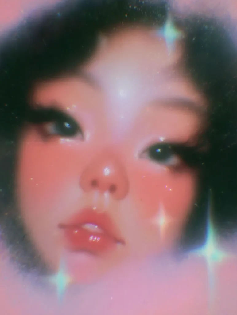 A close-up digital portrait of a young woman's face.  Her skin is rendered with a soft, almost ethereal quality, featuring rosy cheeks and glossy lips.  The style is reminiscent of dreamy, pastel aesthetics, with sparkling light effects adding to the overall whimsical and romantic mood.  Dark hair frames her face, partially obscured by the soft focus.