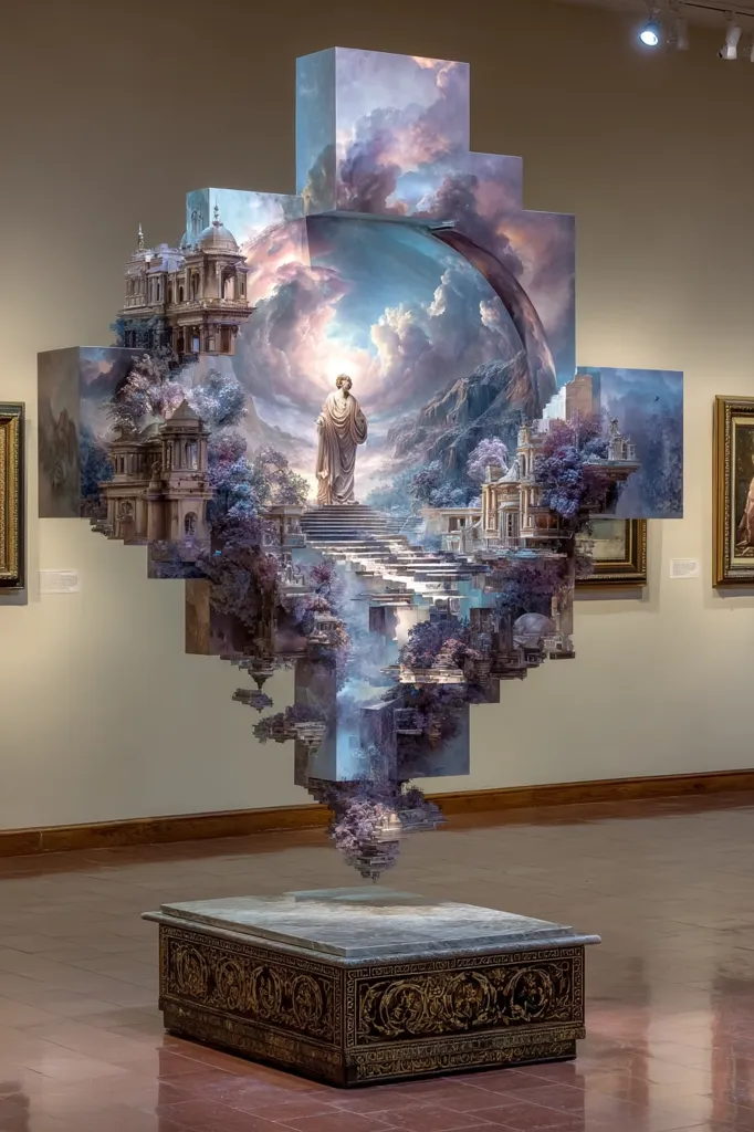 A captivating three-dimensional artwork dominates the gallery.  The piece is a complex structure of seemingly floating cubes, each painted with a detailed scene of classical architecture, ethereal landscapes, and a central figure ascending a stairway to heaven. The overall effect is a surreal and dreamlike vision, displayed on an ornate pedestal. The artwork's intricate details and imaginative composition create a powerful visual impact.