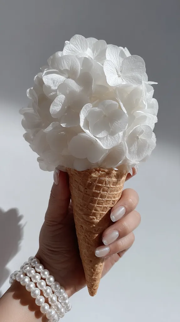 A hand delicately holds an ice cream cone filled not with frozen dessert, but with a lush cluster of white hydrangeas.  The flowers create a full, rounded scoop, mimicking the texture and shape of ice cream. The hand also wears several pearl bracelets, adding to the image's elegant, minimalist aesthetic. The overall tone is soft, light, and subtly luxurious.