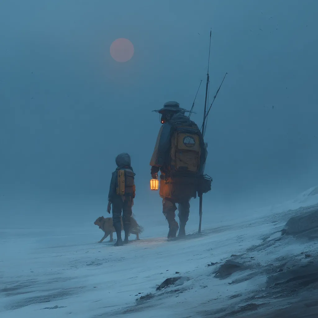 A lone adult and child, carrying backpacks and fishing poles, walk along a snow-covered shoreline at dusk.  A small dog trots beside them.  A dim, orange sun hangs low in the hazy sky, casting a melancholic light on the scene. The figures are silhouetted against the muted background, creating a sense of isolation and journey.  A lantern provides a small, warm glow in the vast, cold landscape.