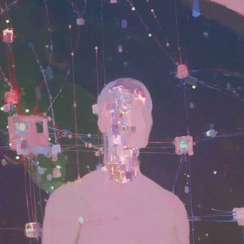 An abstract painting depicts a faceless, pink-hued human figure against a dark background.  The figure's head and neck are overlaid with fragmented, circuit-board-like imagery, suggesting a connection to technology.  Thin, colored lines crisscross the canvas, creating a network that links the figure to small, square boxes scattered across the dark space. The style is painterly and somewhat impressionistic, with visible brushstrokes.