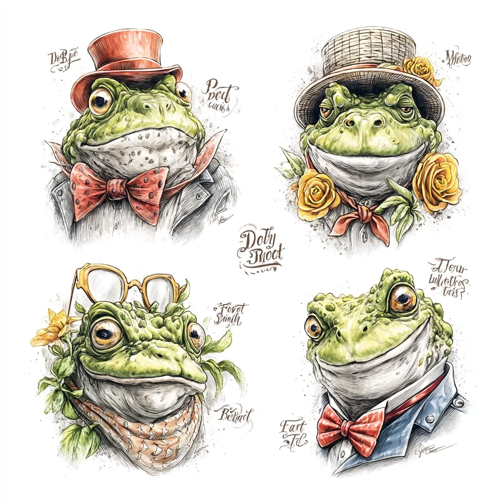 Four anthropomorphic toads, each with unique attire and personality, are depicted in detailed, stylized drawings.  One wears a top hat and bow tie, another a straw boater and cravat, a third spectacles and a scarf, and the last a suit and bow tie.  Each toad is surrounded by flowers, and their names and titles are artfully inscribed nearby. The style blends realism with a whimsical, almost vintage aesthetic.