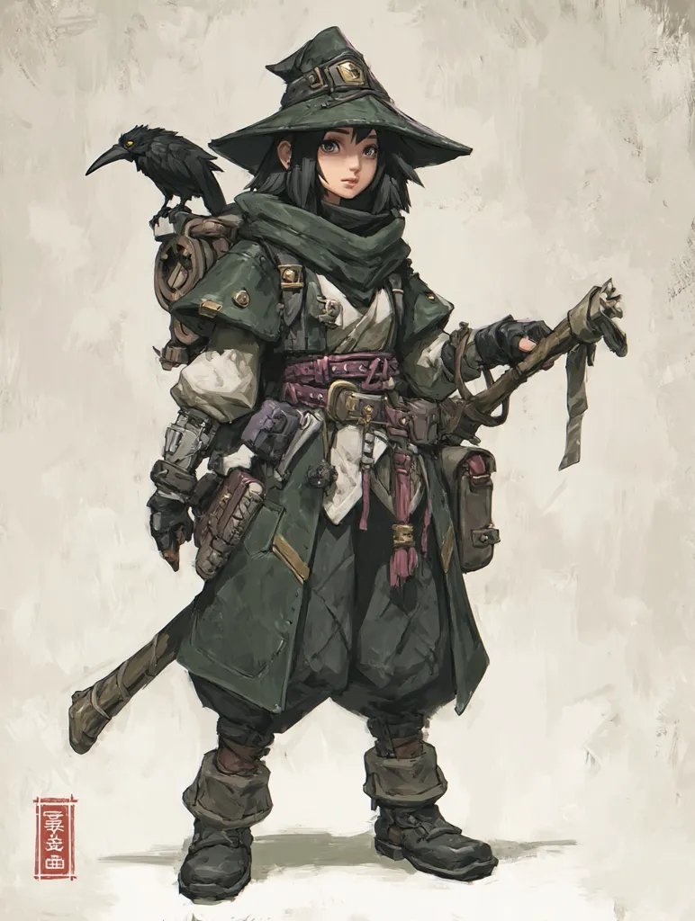 A young female witch, depicted in an anime style, stands confidently.  She wears a dark green, steampunk-inspired coat and pointed hat, accessorized with numerous pouches and belts. A black raven perches on her backpack.  She holds a long staff, her expression serious and composed. The overall style is fantasy-adventure, with a muted color palette.