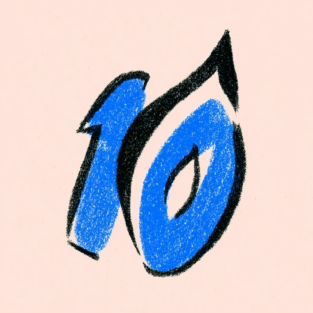 The image shows the number "10" rendered in a stylized, hand-drawn manner.  The numerals are bold, with the "1" and "0" interconnected. The "0" is larger and slightly overlaps the "1".  The numbers are primarily bright blue, outlined in black, giving a textured, crayon-like appearance against a pale pink background.  The style is playful and informal.