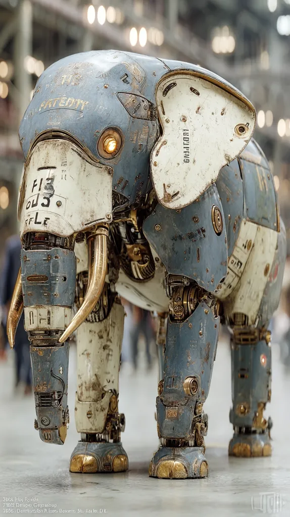 A meticulously detailed robotic elephant stands majestically. Its weathered, metallic body, a blend of blue and off-white, showcases intricate gears and gold accents.  The robot's design incorporates realistic elephant features, including tusks and a trunk-like structure, while hinting at a steampunk aesthetic.  The background suggests an industrial setting, adding to the overall ambiance.