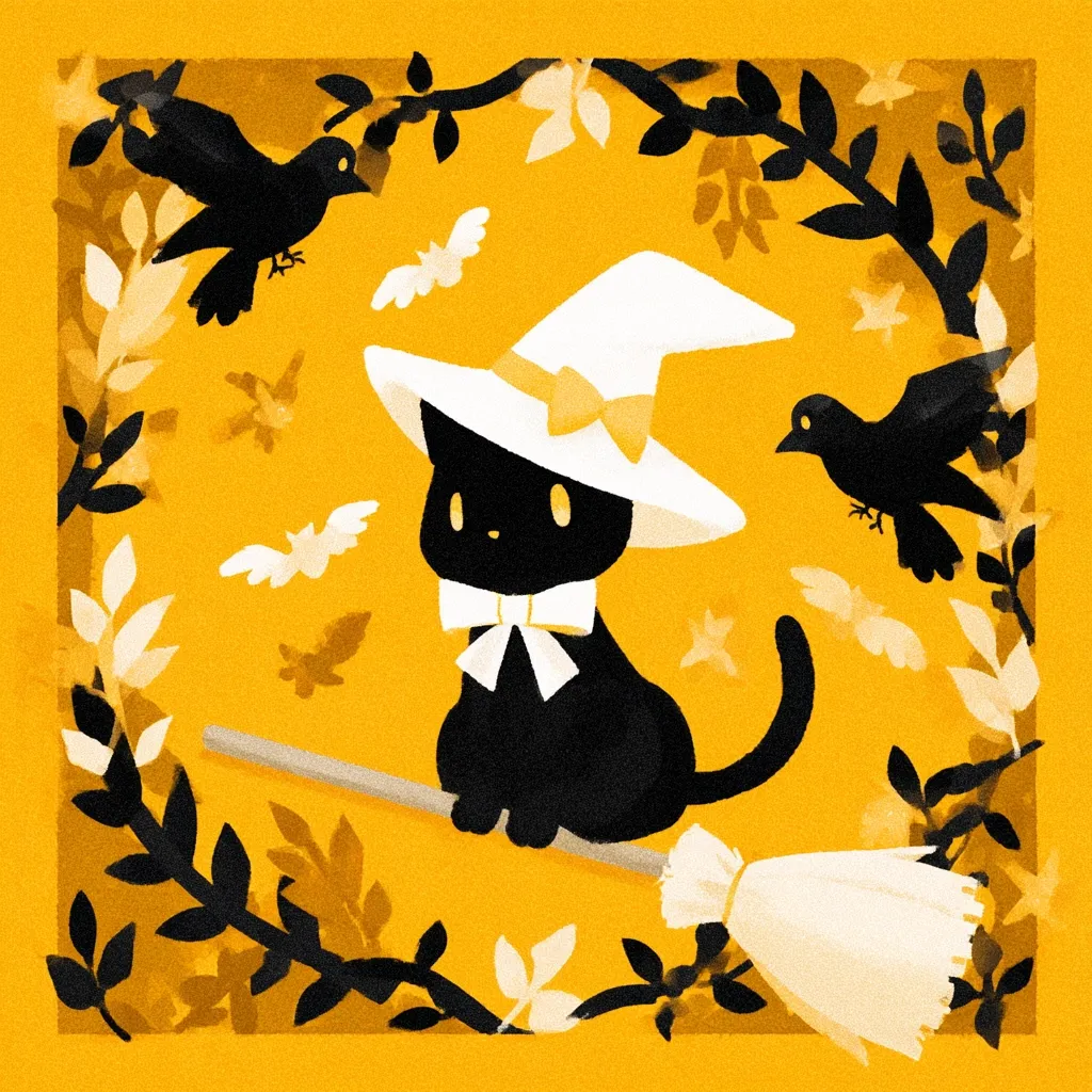 A cute black cat, wearing a witch's hat and bow, sits on a broomstick against a vibrant yellow background.  Surrounding the cat are silhouettes of birds, bats, and autumn leaves, creating a whimsical Halloween scene within a leaf-shaped frame. The style is simplistic and charming, with soft color palettes and bold outlines.