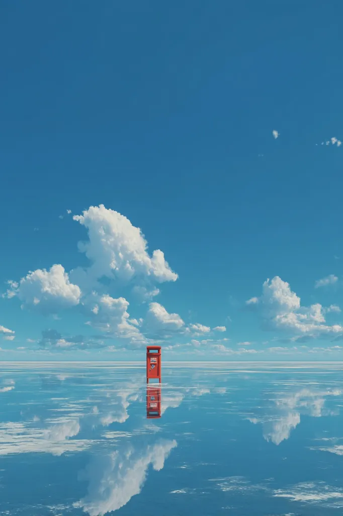 A solitary red postbox stands on a seemingly endless expanse of calm, flat water under a vibrant blue sky dotted with fluffy white clouds.  The water reflects the sky and clouds perfectly, creating a mirror image of the scene. The overall impression is one of serene isolation and tranquil beauty.