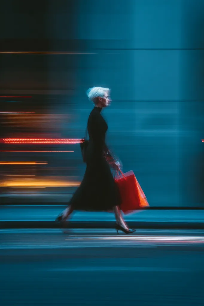 A stylish woman with short, blonde hair strides confidently through a city at night.  Her black dress flows as she carries a vibrant red shopping bag.  The background is a blur of motion, showcasing streaks of light from passing vehicles, creating a dynamic and energetic urban scene.  The image emphasizes movement and the fleeting nature of city life.