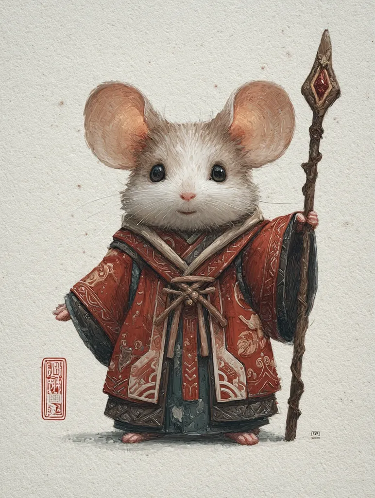 A charming illustration depicts an anthropomorphic mouse, adorned in an ornate, reddish-brown robe with intricate gold detailing.  The mouse holds a staff topped with a crimson jewel. Its large ears and expressive eyes add to its endearing appearance. The style suggests a blend of fantasy and Asian-inspired aesthetics, creating a whimsical and captivating image.
