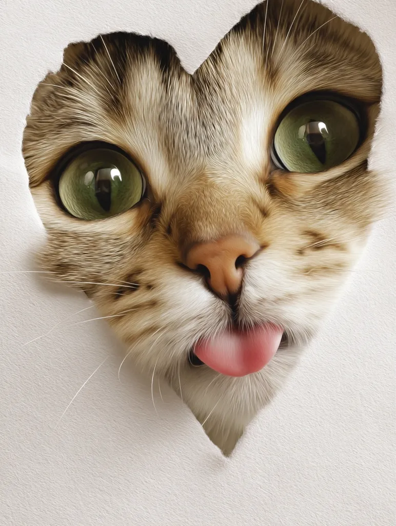 A cute tabby cat with bright green eyes peeks through a heart-shaped hole in a white background. Its tongue playfully sticks out. The cat's fur is a blend of brown, tan, and white, and its expression is curious and endearing.  The heart-shaped opening emphasizes the image's playful and loving theme.