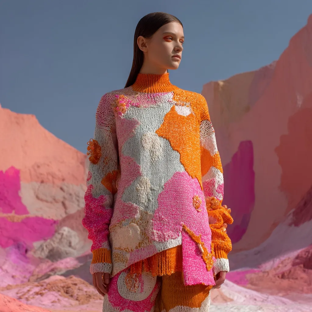 A model showcases a vibrant, intricately knitted sweater and matching pants.  The garment features a patchwork design in shades of orange, pink, and off-white, creating an abstract floral effect.  The high-necked sweater is loose-fitting with a textured, almost three-dimensional appearance. The backdrop is a surreal landscape of pastel-colored hills.