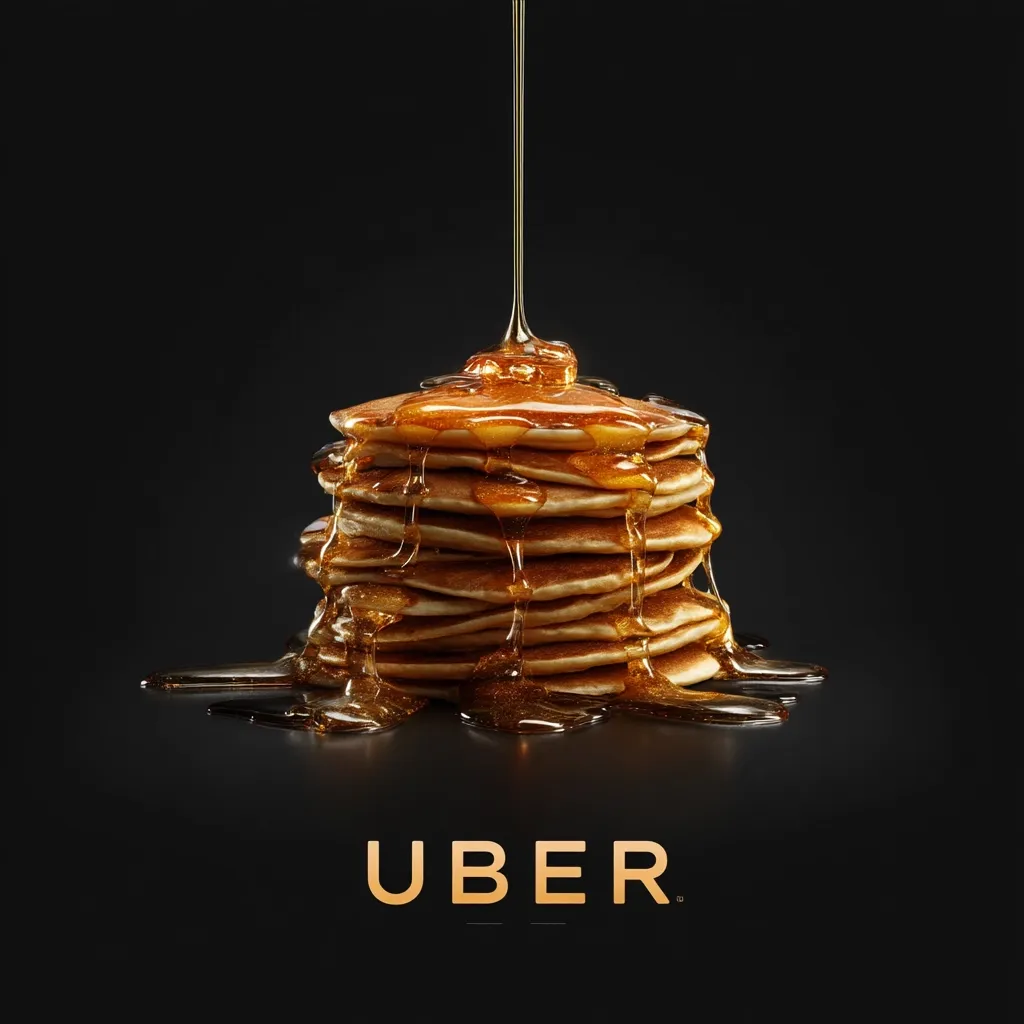 A stack of golden-brown pancakes is drenched in maple syrup, with more syrup pouring down from above.  The glistening pancakes sit on a dark surface, against a black background. The Uber logo is subtly displayed at the bottom, suggesting food delivery services.  The image is visually appealing and emphasizes the richness of the pancakes and syrup.