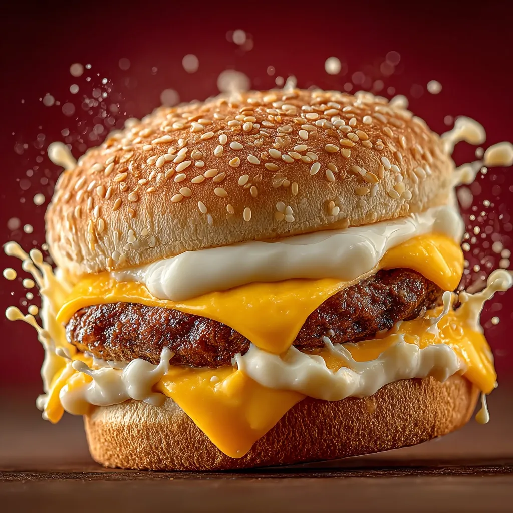 A mouthwatering double cheeseburger takes center stage, its sesame seed bun glistening.  Melted cheese cascades down the juicy patties, interspersed with creamy mayonnaise.  Dynamic splashes of liquid accentuate the burger's fresh, delicious appeal, set against a rich, dark background. The image is a captivating close-up, highlighting the textures and vibrant colors of this classic fast food favorite.