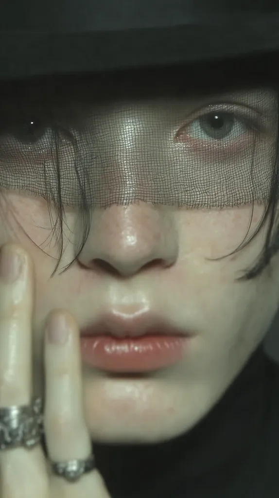Close-up portrait of a person with pale skin and dark hair partially obscured by a black veil.  Their eyes are partially visible, appearing light-colored.  They wear silver rings on their fingers and are touching their face. The overall mood is dark and mysterious. The image has a soft focus and muted tones.