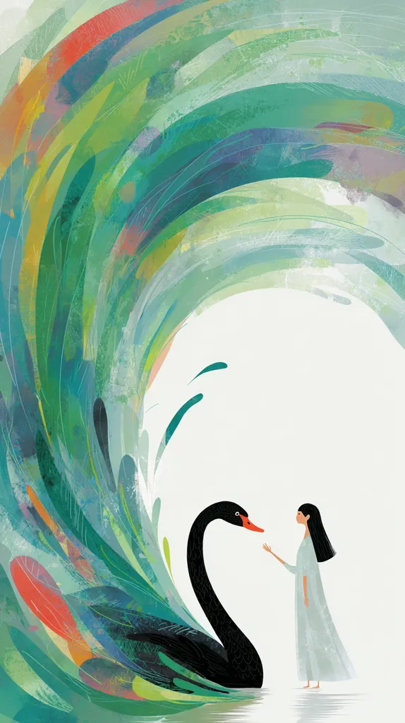 A stylized illustration depicts a young woman in a flowing light-blue dress extending her hand towards a black swan.  The swan emerges from a vibrant, abstract wave of teal, green, and orange hues, suggesting a powerful, yet serene, connection between the woman and nature. The art style is whimsical and dreamlike, with soft lines and a muted color palette.