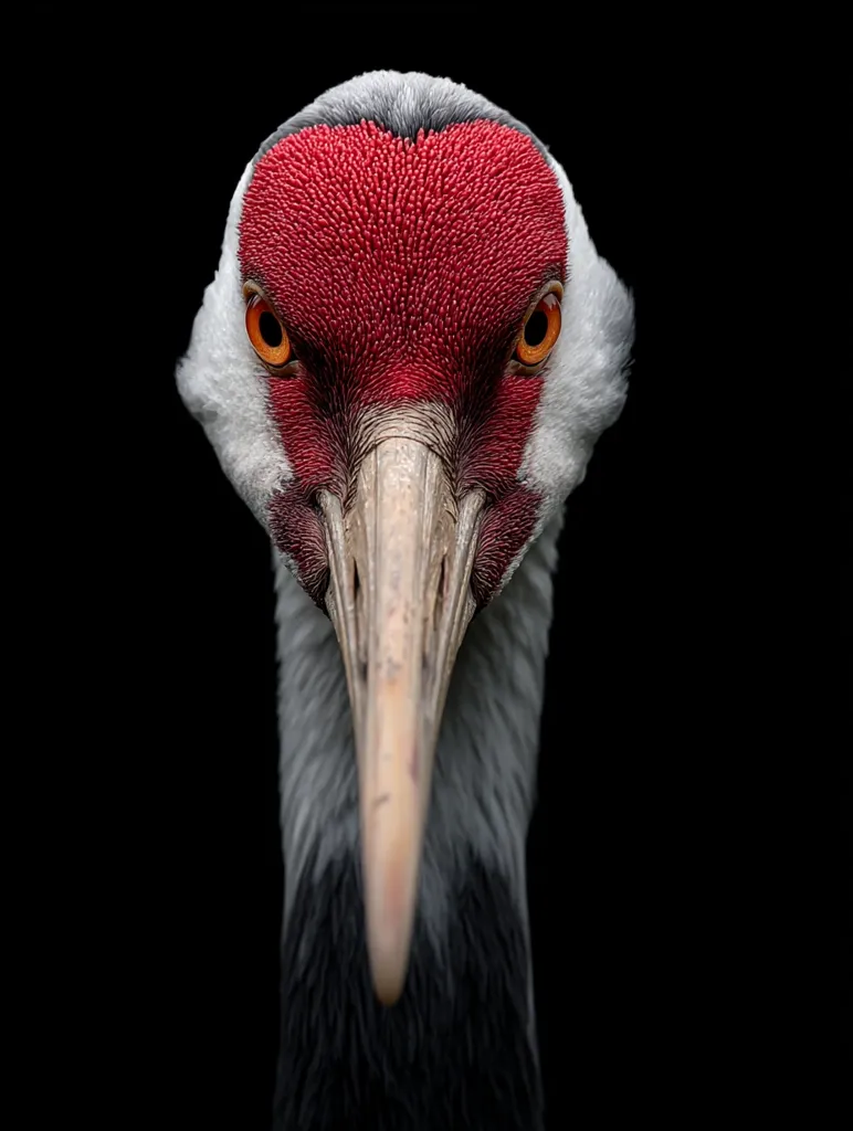 A close-up portrait of a red-crowned crane against a black background.  The bird's intense gaze is directly at the viewer.  Its vibrant red crown and sharp beak are prominent features, showcasing intricate detail in its feathers. The image is sharply focused, highlighting the crane's unique markings and texture.