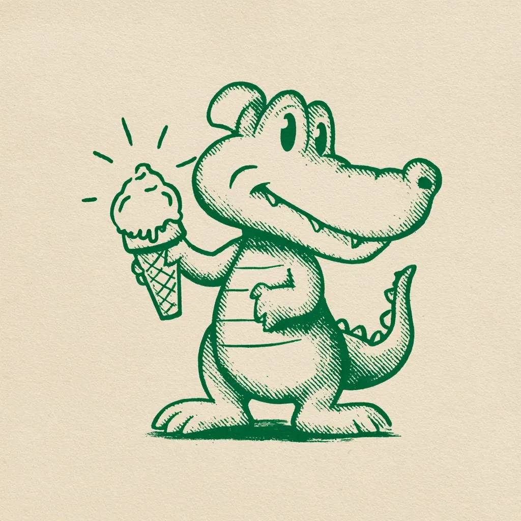 A whimsical illustration of a cartoon crocodile, rendered in a green etched style against a beige background.  The crocodile is depicted winking and happily holding a melting ice cream cone. The style is reminiscent of vintage cartoons or children's book illustrations. The image is simple yet charming, with a playful and slightly mischievous tone.