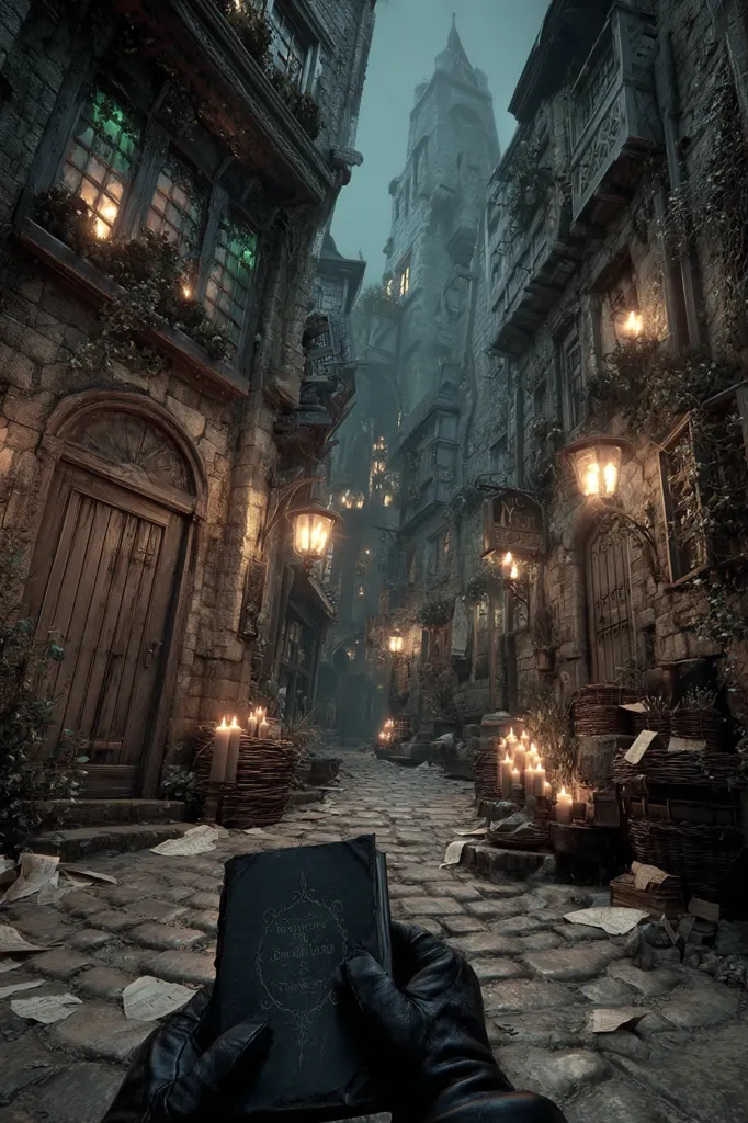 A dimly lit, cobblestone alleyway in a medieval-style town winds towards a tall, gothic tower.  Stone buildings, draped with ivy and lit by flickering candles and gas lamps, line the path.  Scattered papers lie on the ground.  A gloved hand holds a dark, antique book, adding to the mysterious atmosphere.  The overall mood is dark, gothic, and slightly ominous.