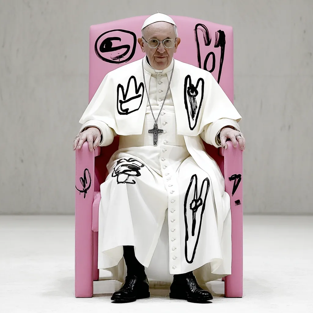 Pope Francis sits in a bright pink chair adorned with childlike black marker drawings.  He wears his traditional white papal robes, which are also marked with the same playful doodles.  The overall image presents a contrast between the formality of the Pope's attire and the informal, artistic markings on his chair and robes.