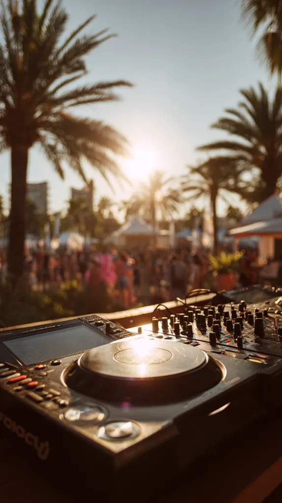 A DJ's CDJ sits in the foreground, bathed in the golden light of a sunset.  Palm trees frame a blurred background showcasing a lively outdoor crowd enjoying an event.  The scene evokes a feeling of summer, music, and festive celebration. The warm sunlight glistens on the CDJ's surface, highlighting the equipment amidst the vibrant atmosphere.