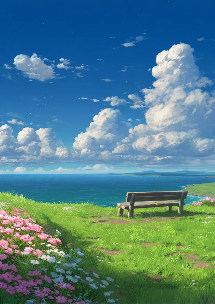 A wooden bench sits on a grassy hill overlooking a serene ocean under a vibrant blue sky dotted with fluffy white clouds.  Pink and white flowers bloom at the base of the hill, adding a touch of color to the peaceful coastal landscape.  The scene evokes a sense of tranquility and calm.