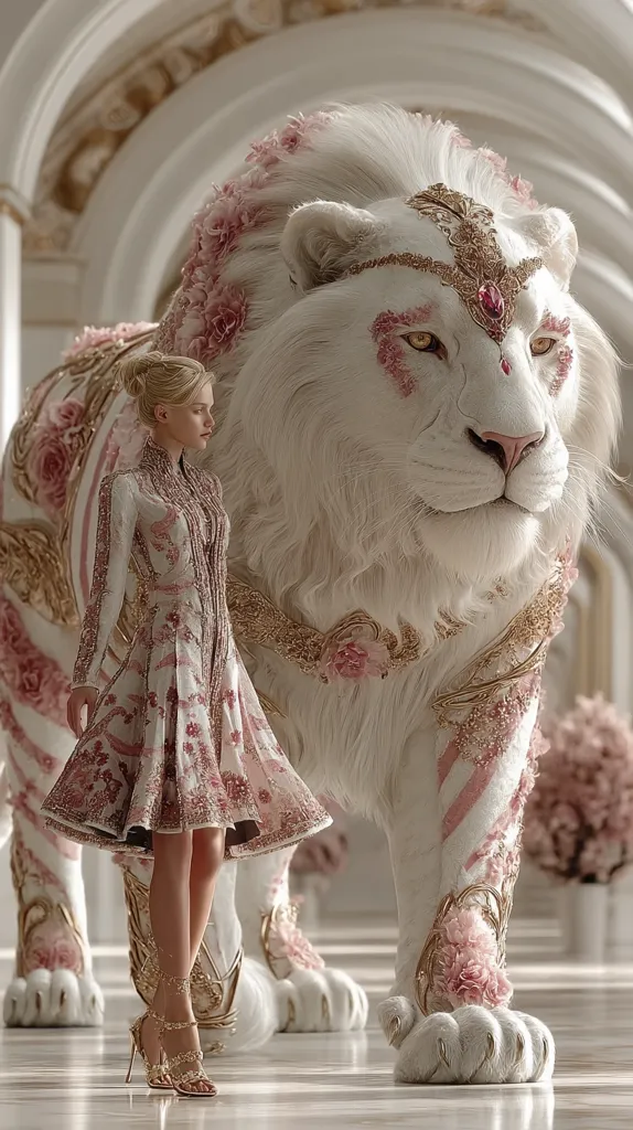 A blonde woman in a pink and gold embellished dress stands beside a majestic white lion adorned with similar decorations.  The lion, seemingly regal and calm, wears a golden headpiece with a large gemstone.  The setting is an ornate, white architectural space, enhancing the fantastical and luxurious atmosphere of the image.  The scene is surreal and visually striking, blending elements of fairytale and high fashion.