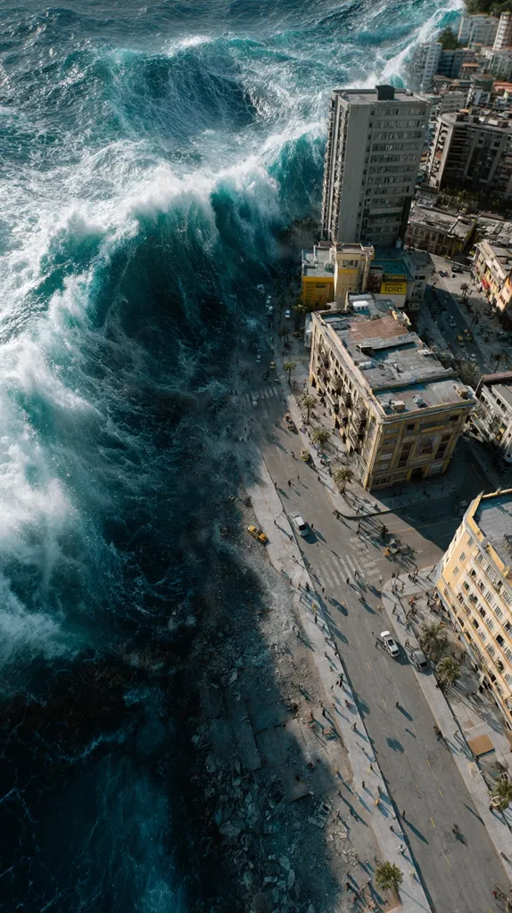 A massive tsunami wave crashes towards a coastal city.  Buildings stand in the path of the surging water, while small figures of people can be seen evacuating along the streets. The scene is a dramatic depiction of nature's destructive power, showing the imminent threat to the city's infrastructure and its inhabitants.  The dark, powerful ocean dominates the image, contrasting sharply with the city's pale buildings.