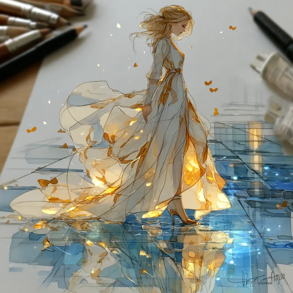 A breathtaking illustration depicts a woman in a flowing, ethereal gown.  Golden highlights illuminate the dress, creating a luminous effect.  She walks on a reflective surface, her reflection mirroring the scene.  Butterflies flutter around her, adding to the dreamlike atmosphere.  The art style is delicate and whimsical, showcasing a masterful blend of light and shadow.  Art supplies are subtly visible in the background.