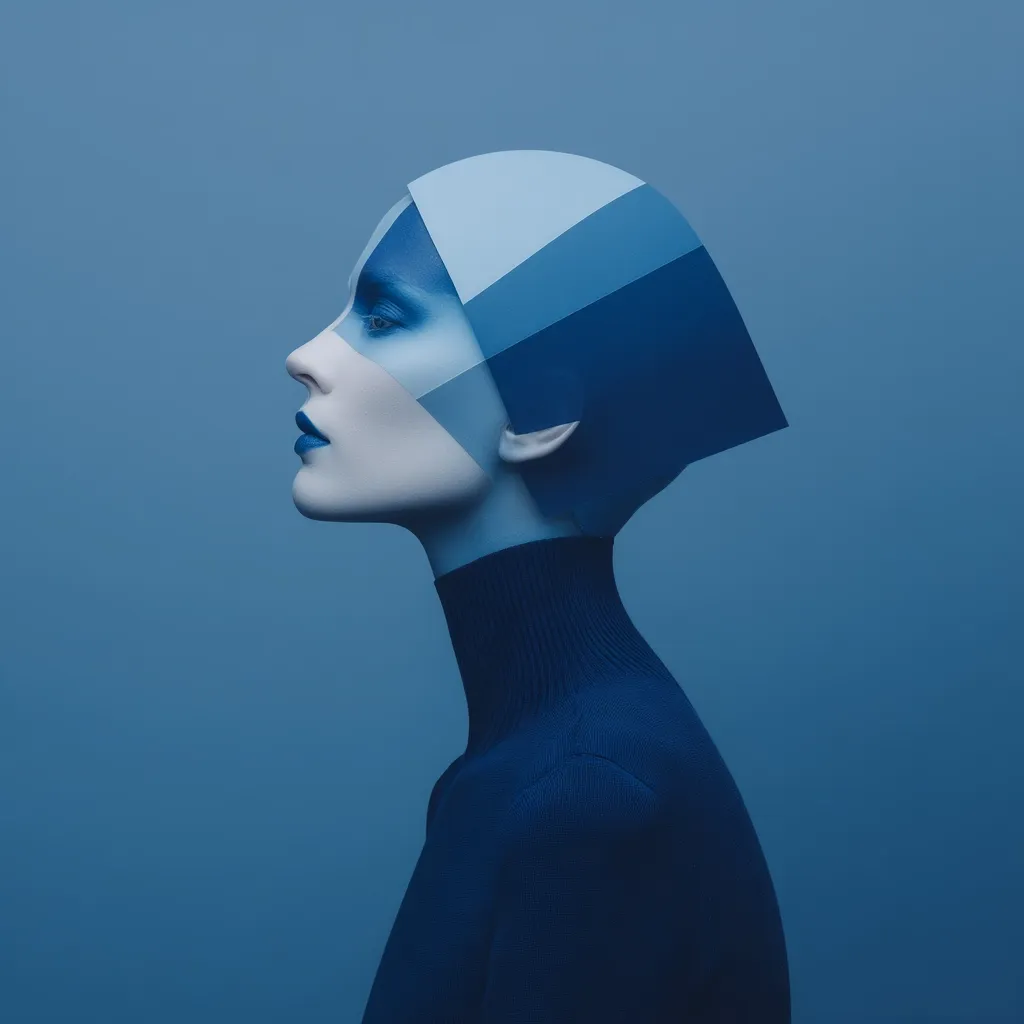 A stylized portrait of a woman in profile, her face and head adorned with a geometric, segmented headdress in varying shades of blue.  Her makeup complements the headpiece, creating a monochromatic and futuristic aesthetic. The model wears a dark blue turtleneck sweater against a matching background, emphasizing the clean lines and graphic nature of the image.