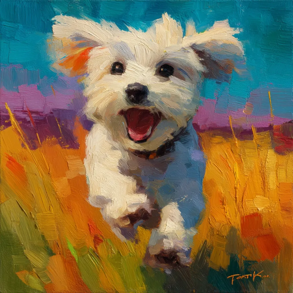 A vibrant oil painting captures a joyful white dog in mid-stride through a field of golden grasses. The dog's mouth is open in a happy expression, its fur rendered with visible brushstrokes.  The background is a blend of blues, purples, and oranges, suggesting a sunny day.  The overall style is impressionistic, focusing on capturing the energy and emotion of the moment.
