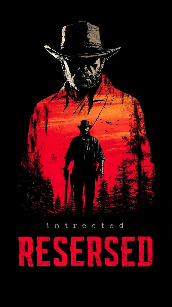 A stylized artwork depicting a Red Dead Redemption 2 scene.  A larger, weathered figure of Arthur Morgan dominates the foreground, superimposed over a smaller silhouette of a lone cowboy against a fiery sunset backdrop.  Silhouetted trees line the horizon.  The words "intrected RESERSED" are displayed at the bottom, hinting at a reversed or altered interpretation of the game's narrative. The overall aesthetic is dark, gritty, and evocative of the game's western setting.