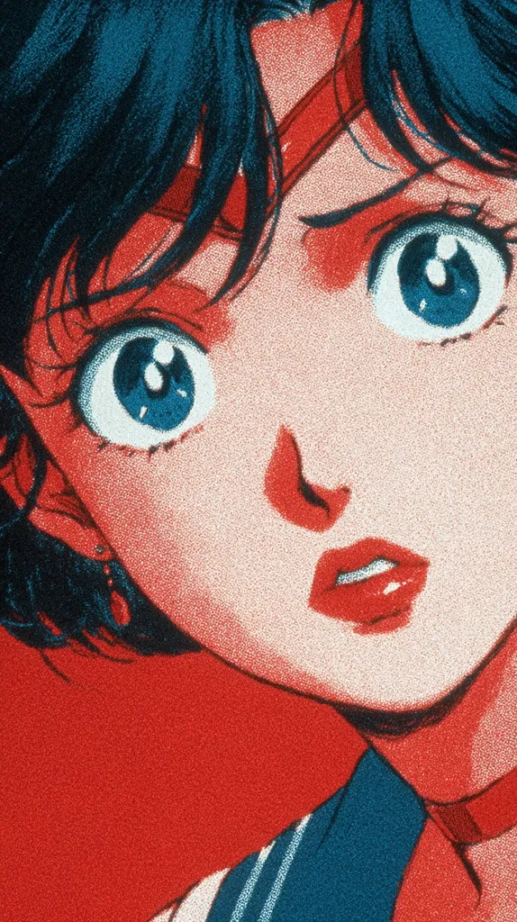 Close-up of an anime-style girl's face, rendered in a red and teal color palette.  She has large, expressive eyes, dark hair, and is wearing a sailor-style collar. Her expression is one of concern or surprise, her mouth slightly open. The style is reminiscent of vintage manga or a pointillist technique.  The overall effect is bold and graphic.
