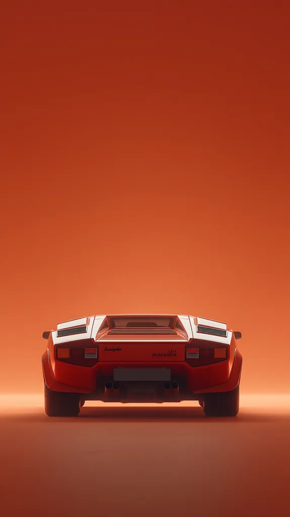 A rear view of a classic red Lamborghini Countach against a burnt orange background. The car is centered in the frame, showcasing its iconic wedge shape and distinctive rear spoiler. The minimalist setting emphasizes the car's design, creating a clean and stylish image.  The overall mood is one of retro cool and automotive elegance.