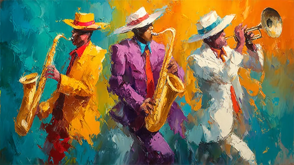 A vibrant, expressive oil painting depicts three jazz musicians in colorful suits and hats. One plays a saxophone, another a saxophone, and the third a trumpet.  Bold brushstrokes and a dynamic composition create a lively and energetic scene. The colors are saturated and contrasting, with teal, yellow, purple, and orange dominating the background. The painting evokes the feeling of a lively jazz performance.