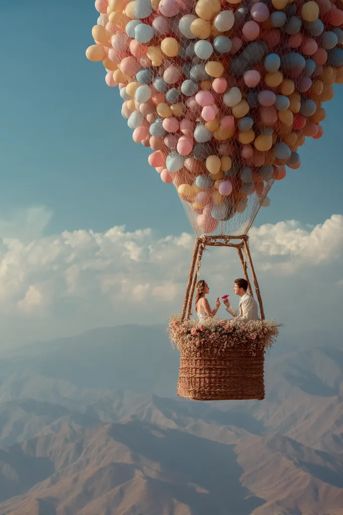 A romantic couple sits in a wicker basket adorned with flowers, suspended by a hot air balloon made of hundreds of pastel-colored balloons.  They share a tender moment against the backdrop of a vast, mountainous landscape under a bright blue sky. The scene evokes a feeling of whimsical adventure and fairytale romance.