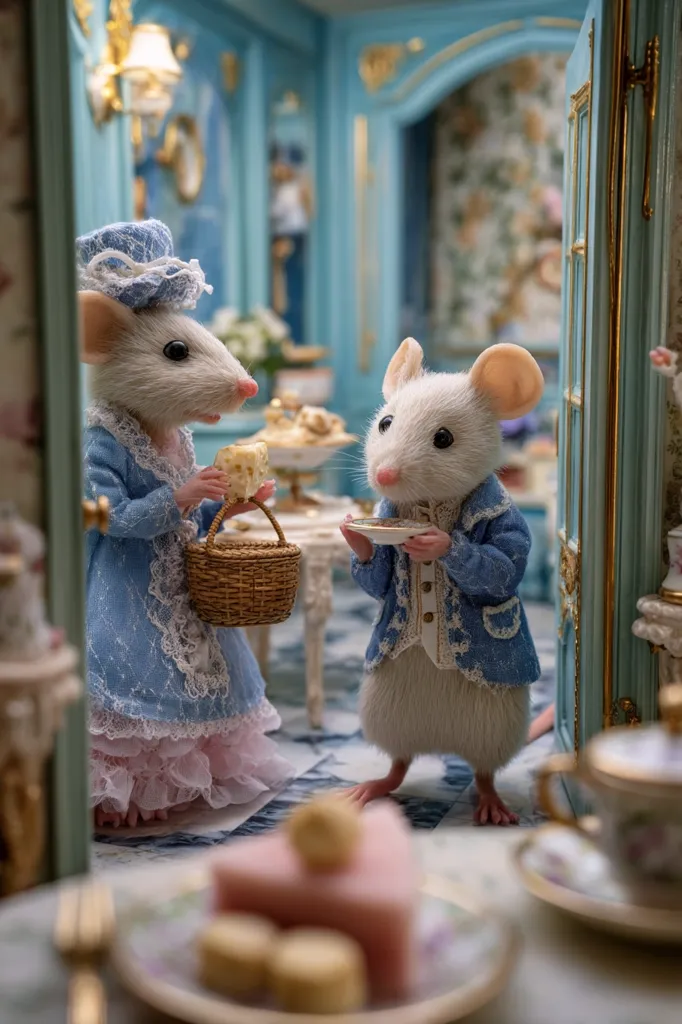 Two meticulously crafted mouse figurines are depicted in an enchanting miniature setting, reminiscent of a dollhouse.  One mouse, dressed in a delicate blue gown, holds a small basket; the other, in a blue jacket, presents a teacup.  They appear to be partaking in an elegant afternoon tea party within a beautifully detailed, pastel-toned room.  The scene is rich with tiny details, showcasing exceptional craftsmanship.